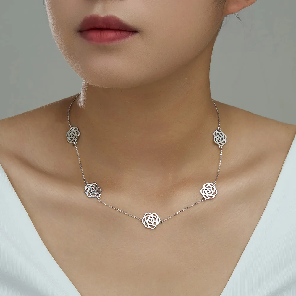 925 Sterling Silver Hollow Flower Geometric Charm Clavicle Chain Necklaces