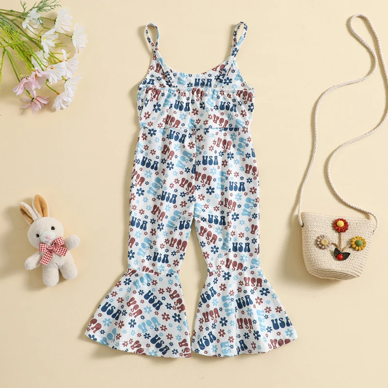 

Toddler Baby Girl Summer Flare Clothes USA Flower Spaghetti Strap Bell Bottom Romper Jumpsuit 4Th of July Outfit