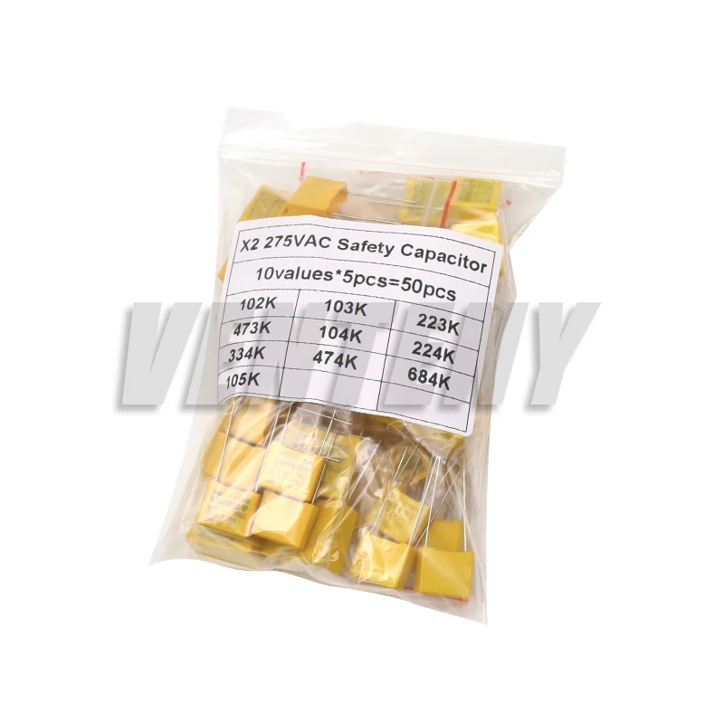 Polypropylene Film X2 Safety Capacitor Assorted Kit 275VAC 10Values Each 5pcs 1NF-1UF 50pcs/Lot