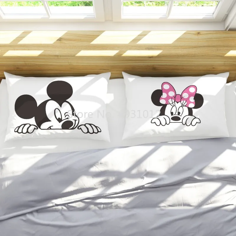 Mr Mrs Love Minnie Mickey Mouse with bow Pillowcases 2pcs White Couple Pillow Cover Decorative Living Room Plus size 50x90cm