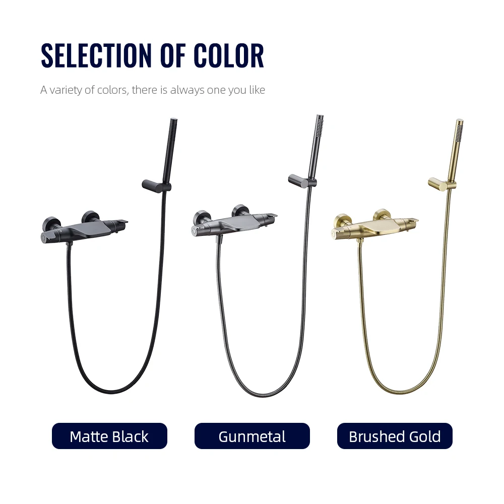 Thermostatic Shower Faucet Set Gunmetal Bathroom Shower System 2 Ways Waterfall And Shower With Brass Mixer Wall Mounted Taps 6