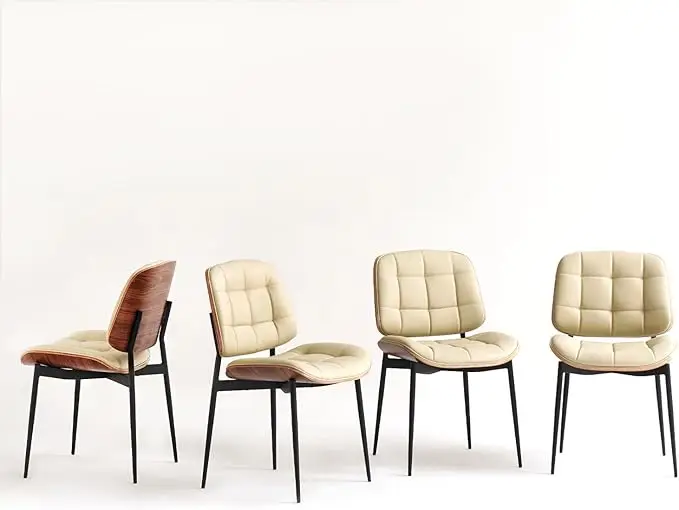 Mid Century Modern Dining Chairs with Walnut Grain Back, Faux Leather Dining Room Chairs Set of 4, Checkered Soft Cushion