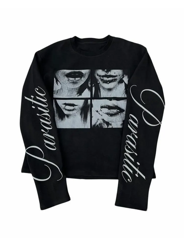2000er Jahre Punk Retro Hip Hop Street Cool Letter Bedrucktes T-Shirt Mode Rundhals Langarm Casual Sport Paar Vielseitiges Top 90er Jahre – Detail 8