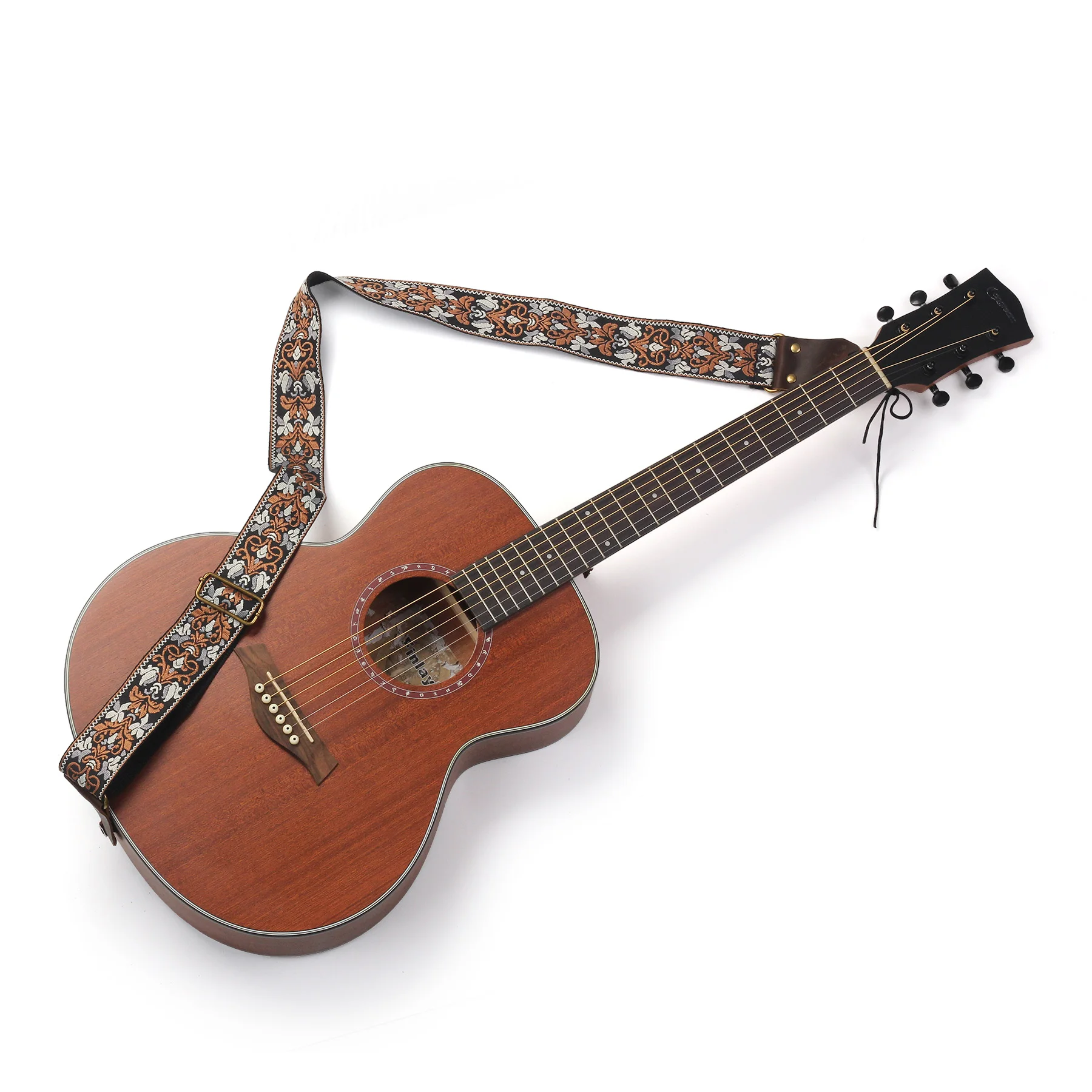 Guitar Strap Vintage Flowers Guitar Strap Belt With Tail Nail Pick Bohemia Woven Embroidery Fabrics Genuine Leather Head Guitar Bass Strap