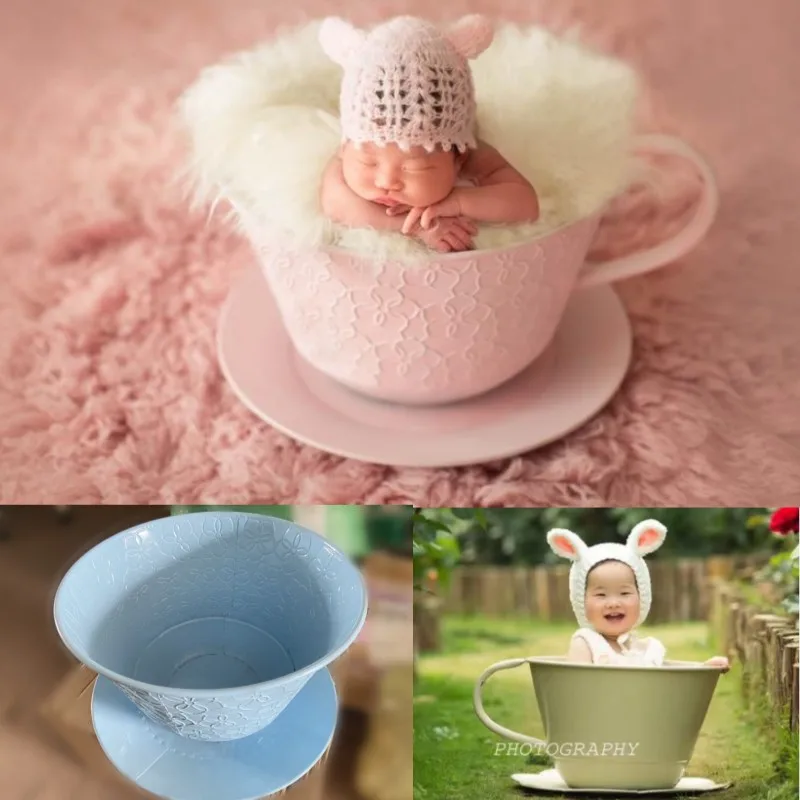 Newborn Photography Props Iron Basket Tea Cup Accessories Full-moon Baby Photo Shoot Props Baby Posing Container For Studio newborn photography props weaving baskets full moon baby photo bed posing modeling infant photo shoot accessories basket beds