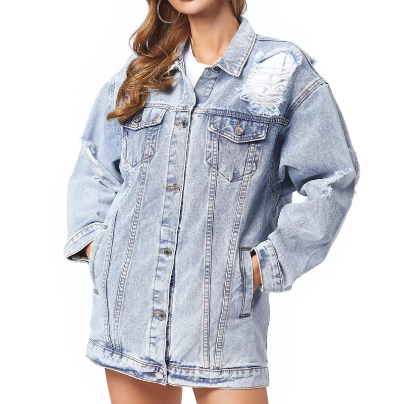Ripped Buttons Jackets with Pockets Female Fashion Casual Streetwear New Loose Long Solid Denim Coats Women  Spring Summer