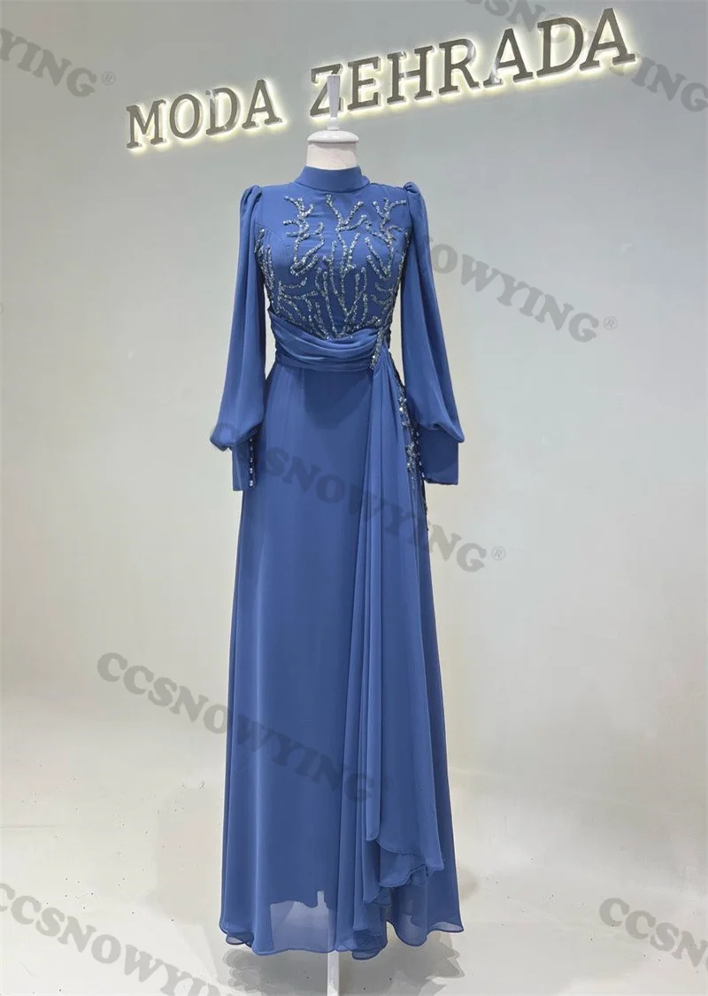 

Chiffon Appliques Beaded Muslim Evening Dress Long Sleeve Hijab Islamic Formal Party Gowns Women Arabic Dubai Moroccan Caftan