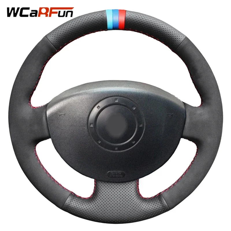

WCaRFun Black Natural Leather Suede Car Steering Wheel Cover for Renault Megane 2 2003-2008 Kangoo 2008 Scenic 2 2003-2009