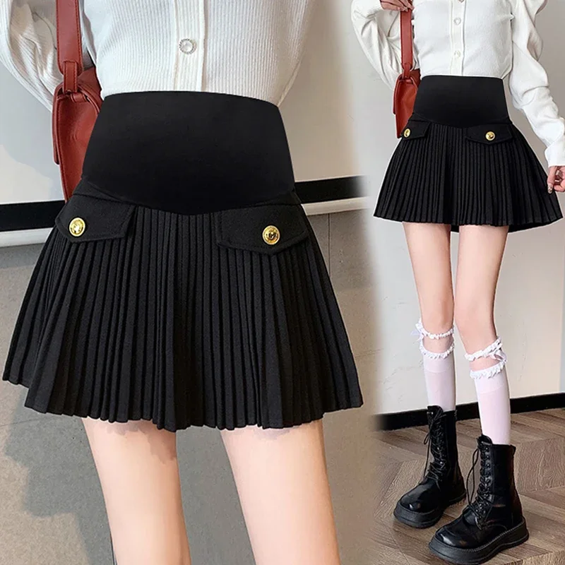 Spring Autumn Maternity Pleated Skirts Office Lady Elegant Suits Skirts with Buttons Short Pregnant Woman Mini Skirt with Lining