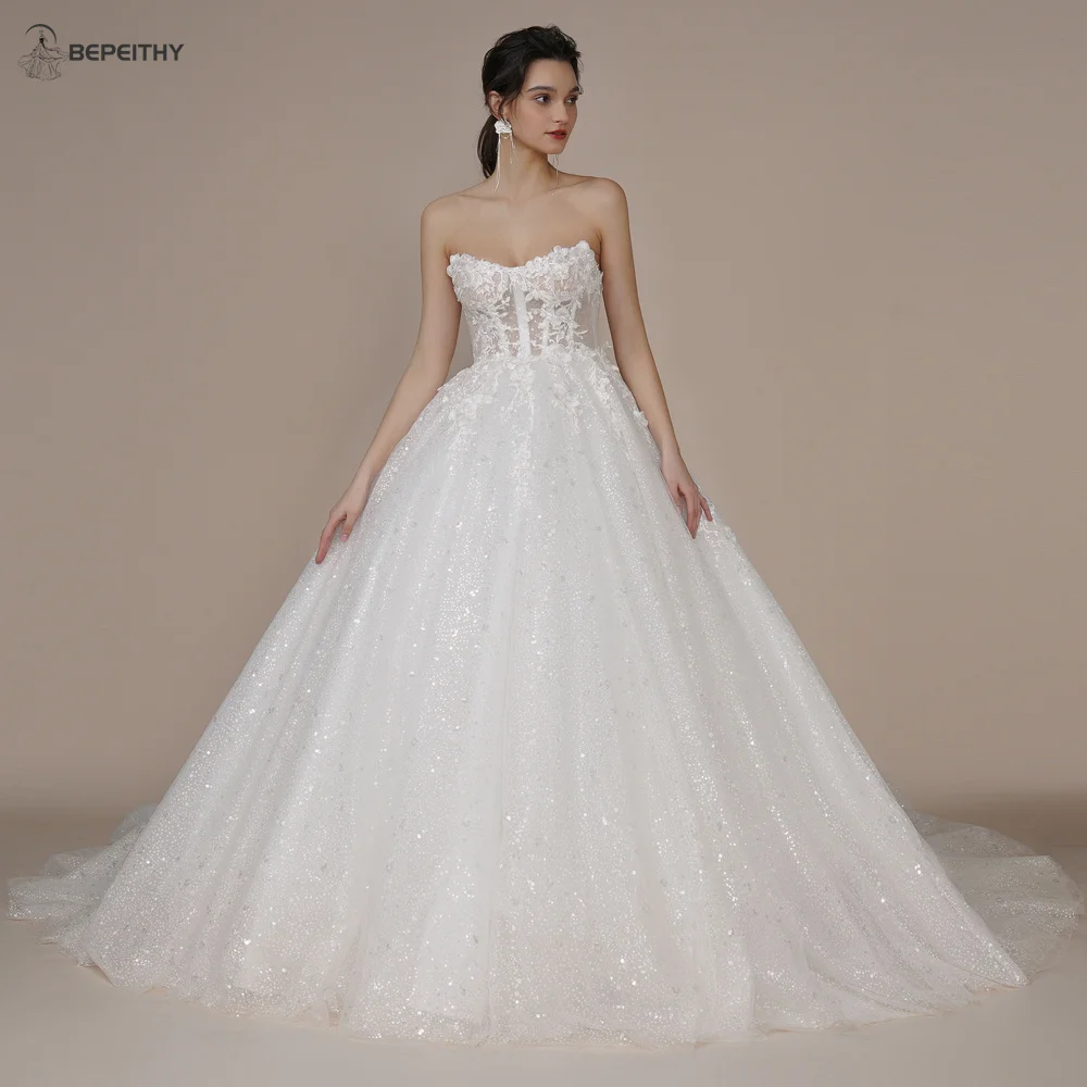 BEPEITHY Princess Strapless Ivory Glitter Wedding Dresses 2023 For Women Court Train Bride 3D Flower Romantic Shinny Bridal Gown