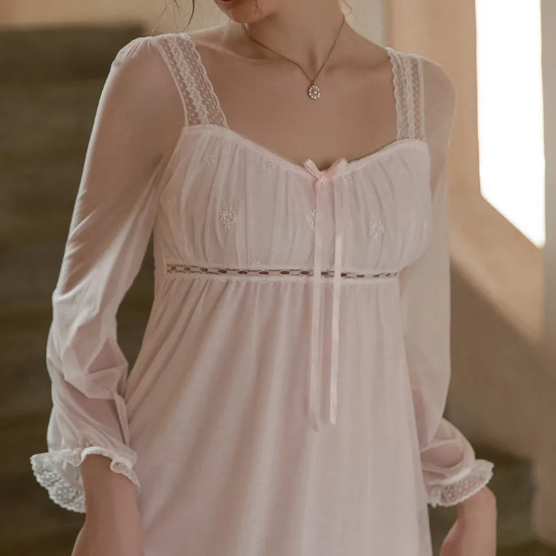 

Sexy Nightdress Women Lace Mesh Long Sleeve Cotton Elegant Nightgowns Spring Sleepshirt Nightwear Home Clothes Plus Size Pyjamas