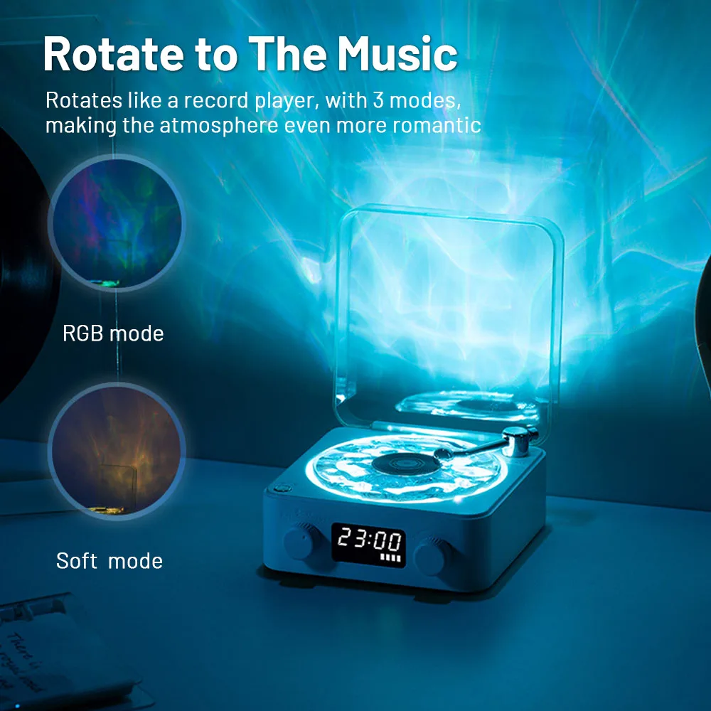 Disco de vinilo Retro, Altavoz Bluetooth de ruido blanco, lámpara de atmósfera de proyección, Subwoofer de ayuda para dormir Vintage portátil con luz RGB