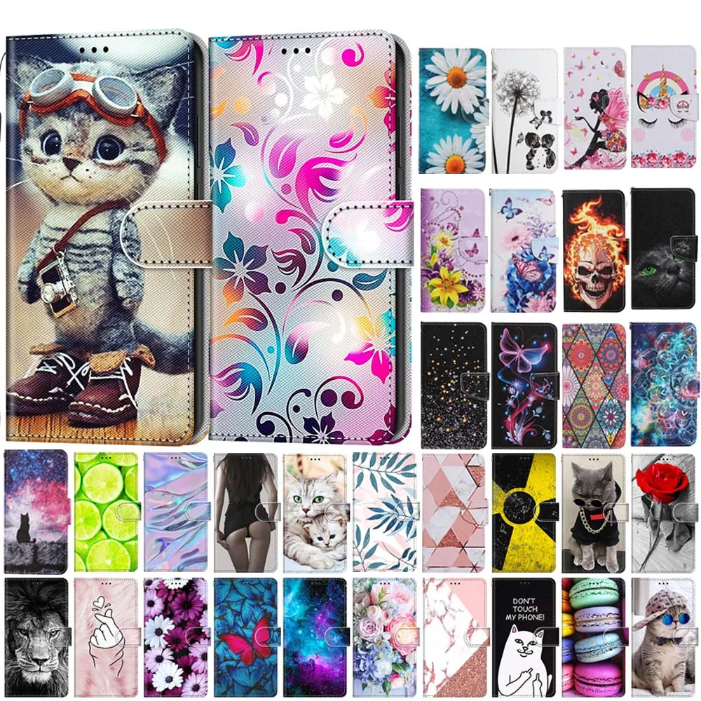 Custodia Flip Phone Per Samsung Galaxy S23 Ultra S22 Plus Cute Cat Flower Painted Wallet Porta Carte Di Credito In Pelle Borse Con Cover Posteriore