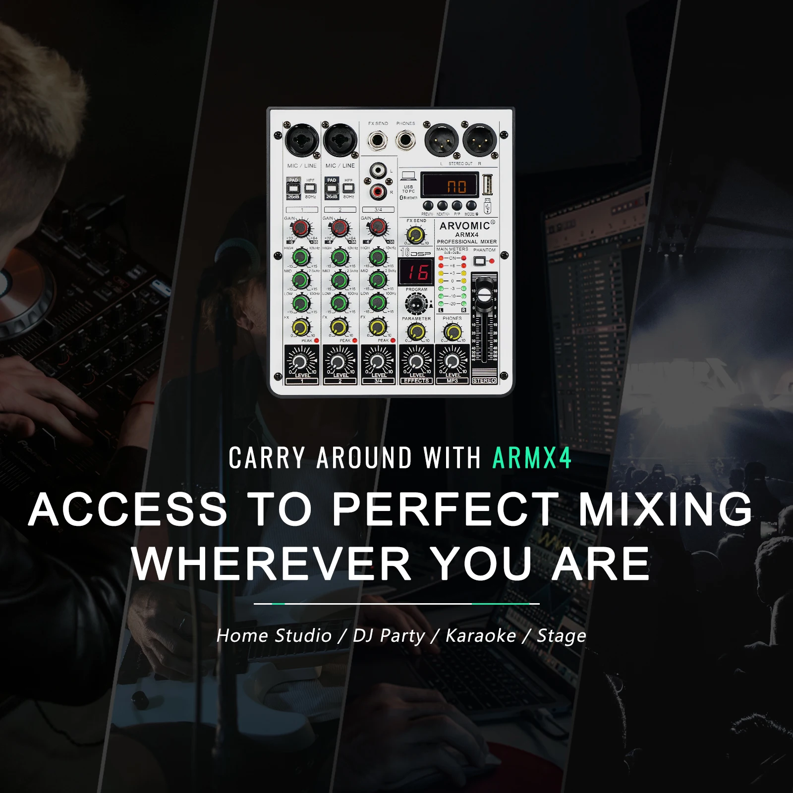 4채널 오디오 믹서, USB 오디오 인터페이스를 갖춘 DJ 믹서, Bluetooth 기능, 16개의 DSP 효과 및 3밴드 EQ(ARMX-4)