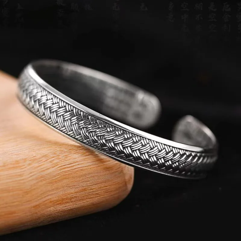 

Simplicity Chinese National Style S925 Sterling Silver Men's Bracelet Fashionable Woven Retro Silver Chain Face Open Bangle