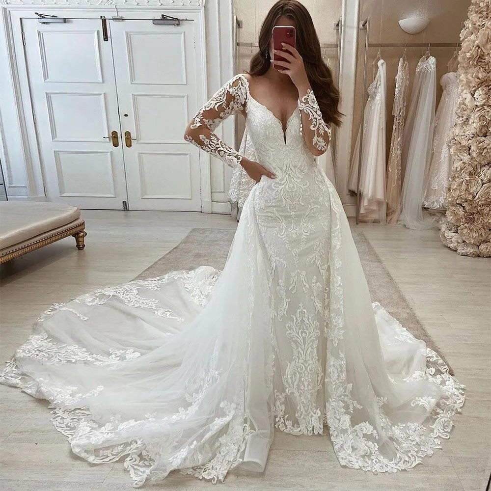 

Mermaid Wedding Dress Deep V-Neck Long Appliques Button Sleeves Detachable Train Boho Bridal Gown Vestido De Novia