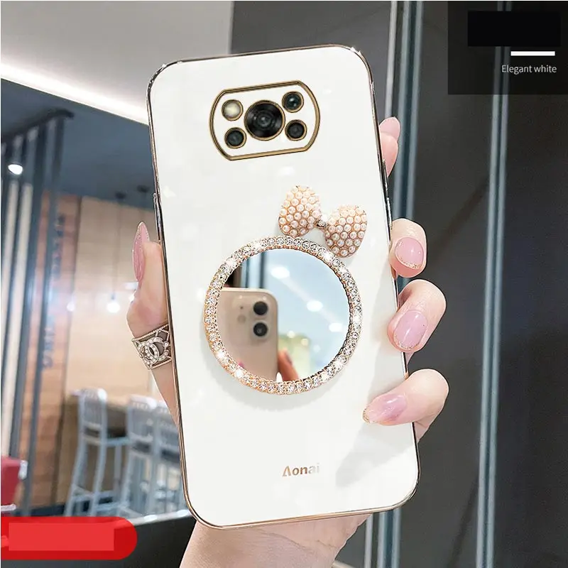 Poco X3 Make Up Mirror Diamond Bling Case Per Xiaomi Mi Poco X3 Pro Nfc X4 X5 M3 M5 M4 Pro 4G 5G M3 F3 F4 Gt C40 X2 Stand Cover