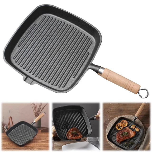 Padella per bistecca in ghisa con manico in legno padella antiaderente Non patinata padella per bistecca padella per bistecca per campeggio 3