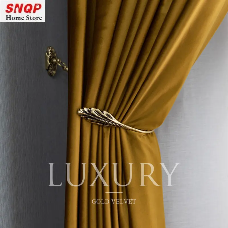 

Blackout Luxury Curtains for Living Room Bedroom Velvet Brown Gold Retro Turmeric Solid Color Thickened Elegant Decoration Door