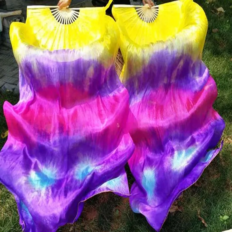 

Handmade Silk Veil Tie Dyed One Pair Belly Dance Floral Bamboo Fan Veil 180cm For Women Adults Stage Performance Show Props New