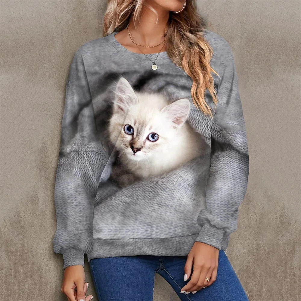 

New Women's Cute Sweater Kawaii Kitten Print Pullover Long Sleeve Round Neck Cotton Girls Clothes Fashion Tops Hoodied Ladies