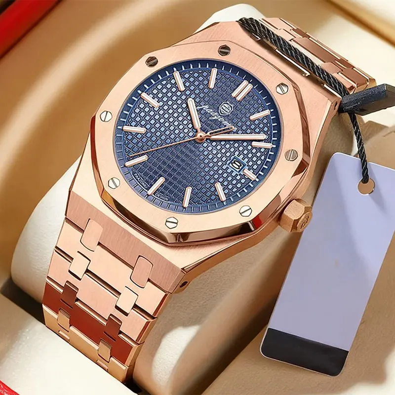 Montre homme quartz luxe dorée étanche lumineuse affichage date acier inoxydable élégante professionnelle