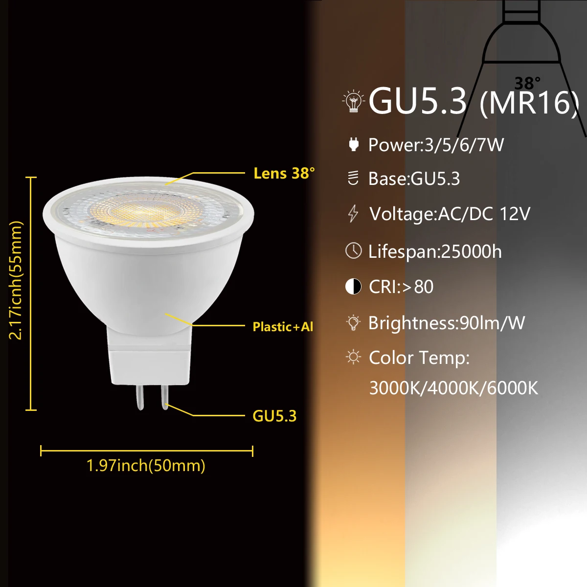 LED 저전압 스포트라이트 MR16 GU5.3, 발광 각도 38/120 도, 3W-7W, 3000K-6000K, 20W 50W 할로겐 램프 교체 가능, AC/DC12V
