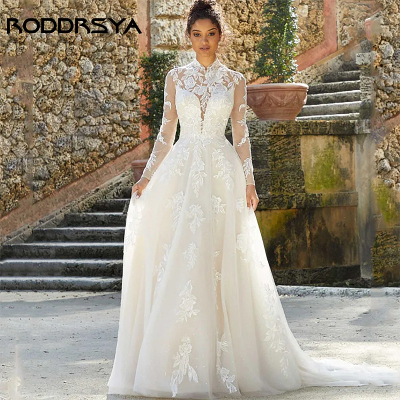 

RODDRSYA Иллюзионное свадебное платье с высоким воротом и длинными рукавами, аппликациями, белое тюлевое кружевное платье трапециевидной формы de Mariée, индивидуальный заказ для женщин RODDRSYA Иллюзионное свадебное п