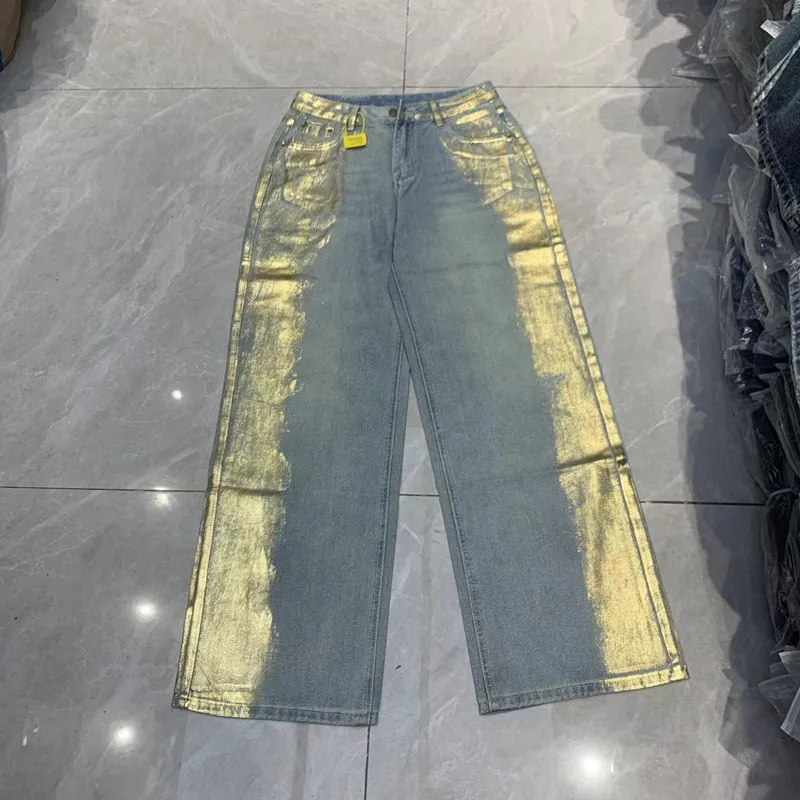

2024 г., модные мешковатые джинсовые брюки Trashy Y2K с золотым тиснением по бокам, одежда для женщин, женские брюки с широкими штанинами, женская одежда