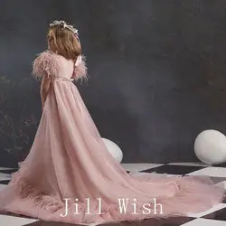 Jill Wish Luxury Elegant Dusty Pink Flower Girl Dress Fearthers Princess Gown Kids Wedding Birthday Party Communion Pageant J114