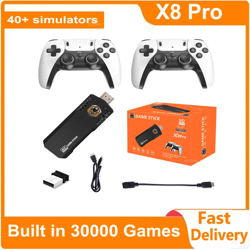 Retro Game Console X8 Pro Game Stick 4K 64G 30000+ Games 40+ Simulators HD Output Wireless Gamepads Video Games For NDS PSP NES