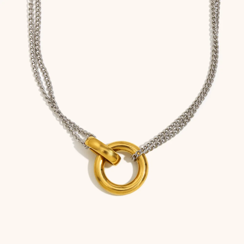 Retro Two-color 18K Gold Plated Circle Ring Choker Neckalce for Women Minimalist Charm Waterproof Double Chain Neck Jewelry Gift