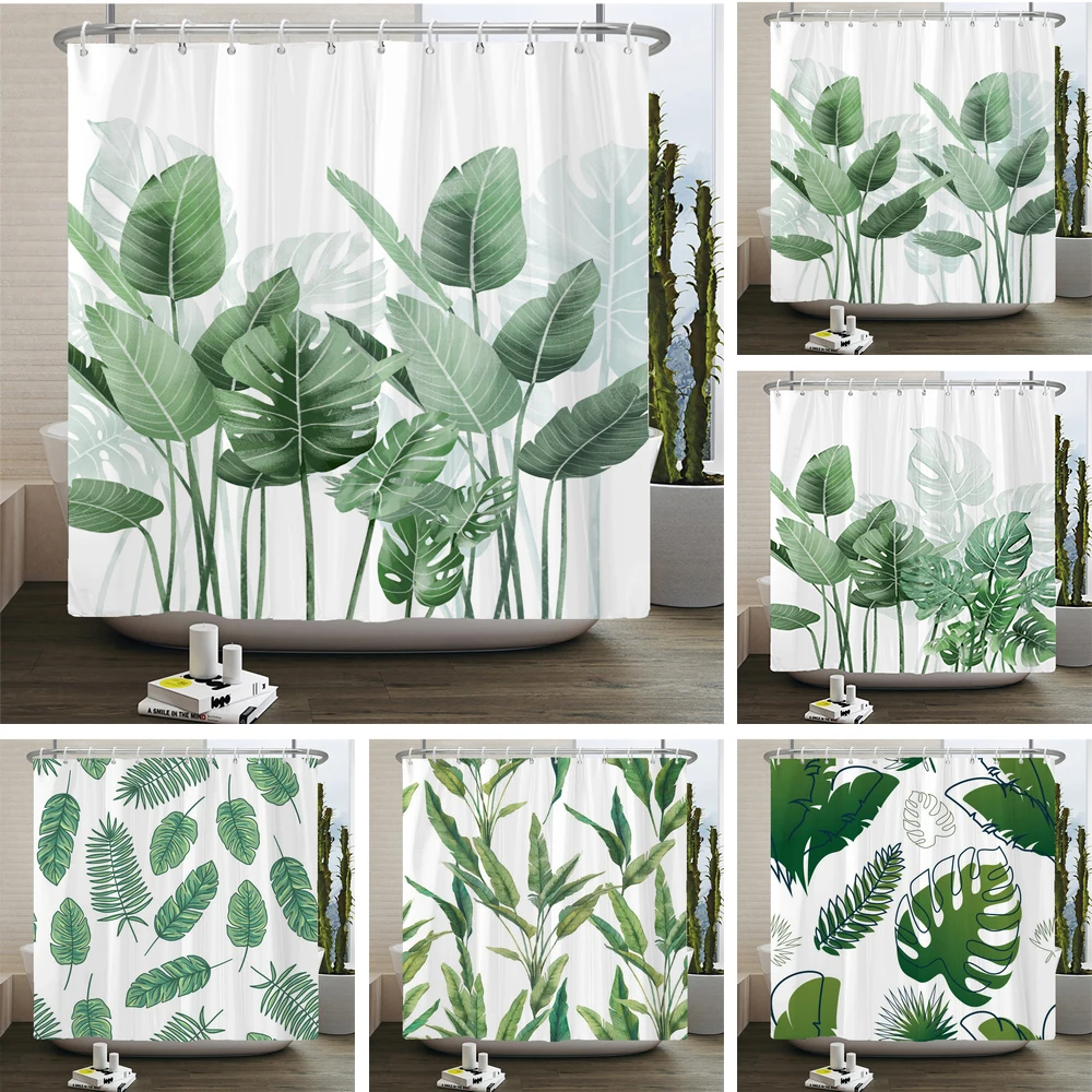 

Green Plant Leaves Print Shower Curtains Watercolor Boho Floral Waterproof Morden Bathroom Bathtub Curtain Room Decor With Hooks