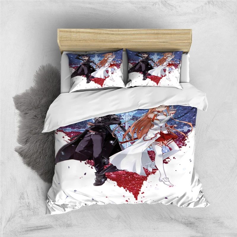

SAO Anime Art Print Three Piece Bedding Set Fashion Article Children or Adults for Beds Quilt Covers Pillowcases Bedding Set