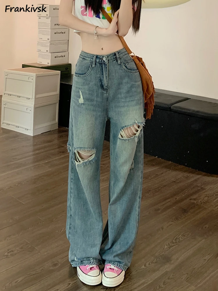 

Hole Jeans Women Wide Leg Baggy Irregular High Street Hip Hop Japanese Style Full Length Denim Vintage Frayed Slouchy Elegant