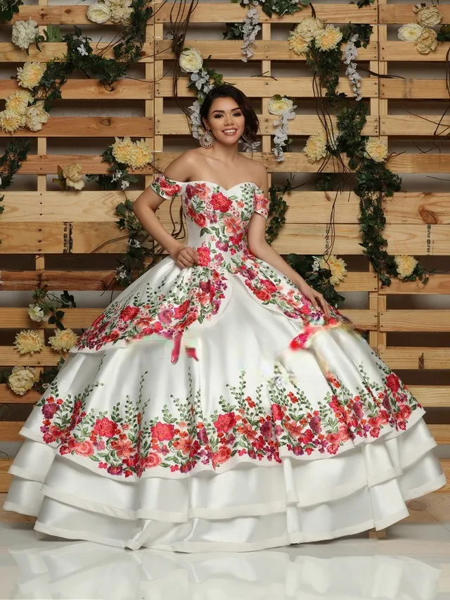 

Charro Quinceanera Dresses Ball Gown Off The Shoulder Appliques Puffy Mexican Sweet 16 Dresses 15 Anos