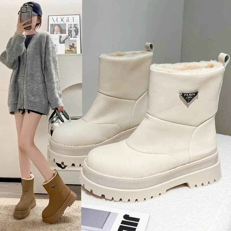 Winter Waterproof Women Snow Boots Thick-Soled  Warm Female Antiskid Soft Leather Shoes Size 35-40