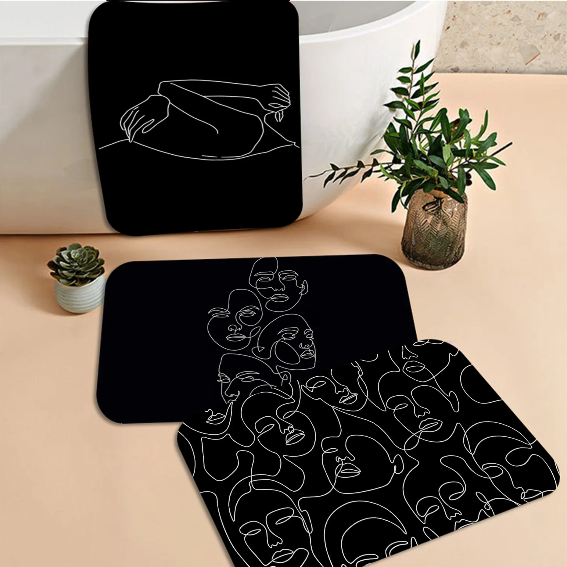 

Abstract Black Line Women Face Bath Mat Washable Non-Slip Living Room Sofa Chairs Area Mat Kitchen Alfombra