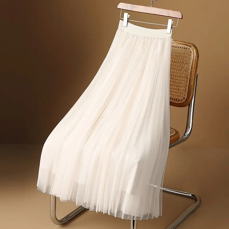 

2024 Fashion Women Spring Summer Long Loose Tulle Female High Waist Streetwear Skirts Ladies Solid Color Pleated Skirt O682