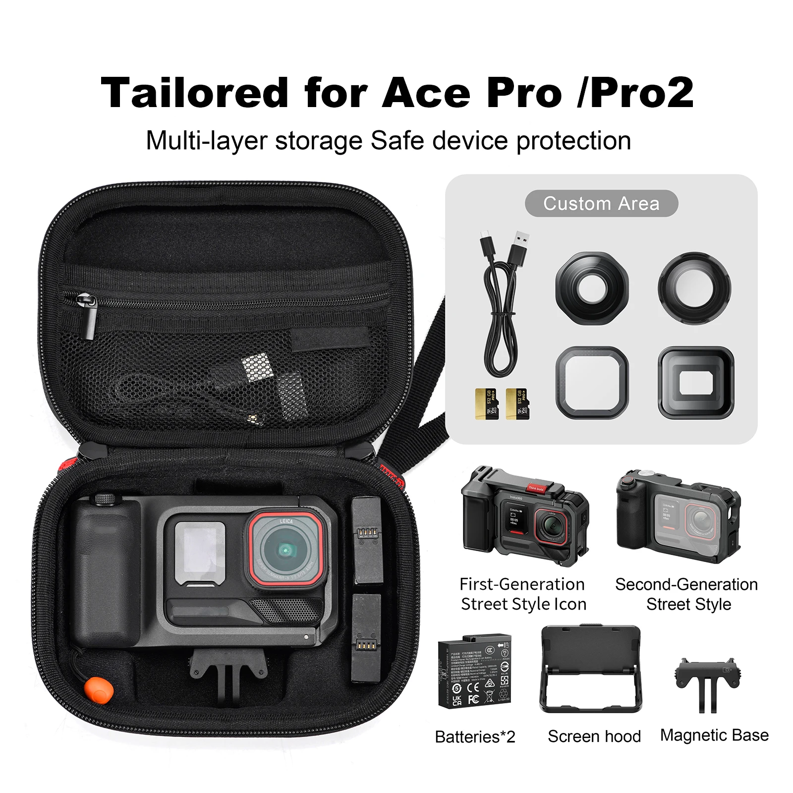 Étui de transport rigide pour Insta360 Ace Pro 2 - Noir, PU, Antichoc