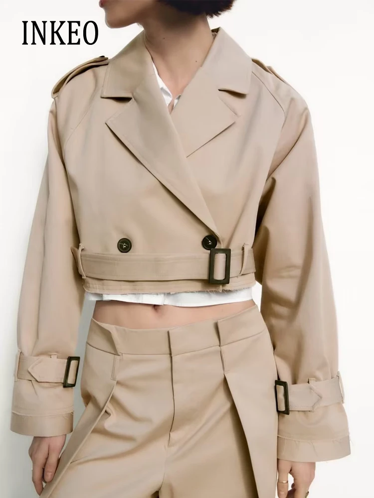 

Korean style Khaki cropped wind coat with belt Women 2023 Autumn Oversized Short windbreak Casual Fashion Outwear INKEO 3O044