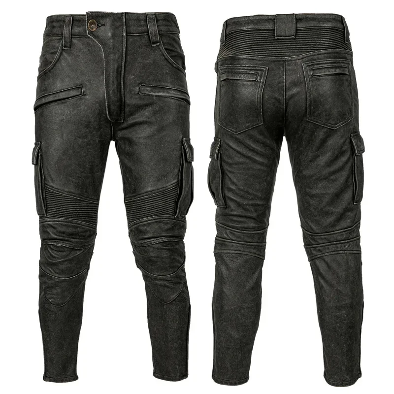 

Motorcycle Leather Pant Vintage Real Cowhide Trousers Men's Motor Riding s Biker