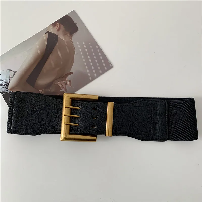 High Quality Vintage Big Alloy Buackle Wide Waistbands Luxury Designe Elastic Party Belts for Woman dress coat black waist seal