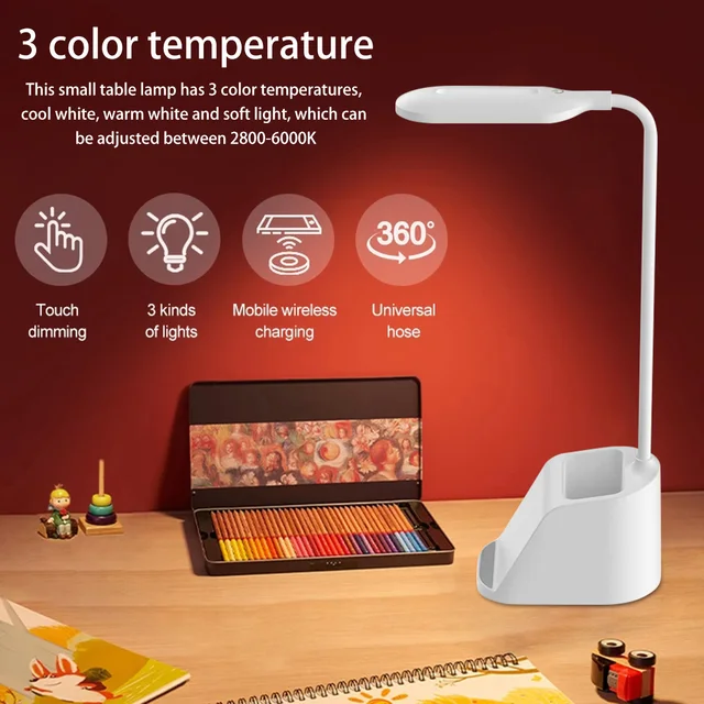 Lampe de bureau LED 3 couleurs Dimmable sans fil tactile lampe de lecture  USB porte-stylo