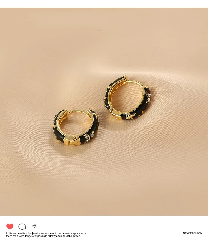 2023 neue Design Klassische Zirkon Blume Form Schwarz Emaille Gold Farbe Hoop Ohrringe Für Party frauen Luxus Zubehör Schmuck – Detail 3
