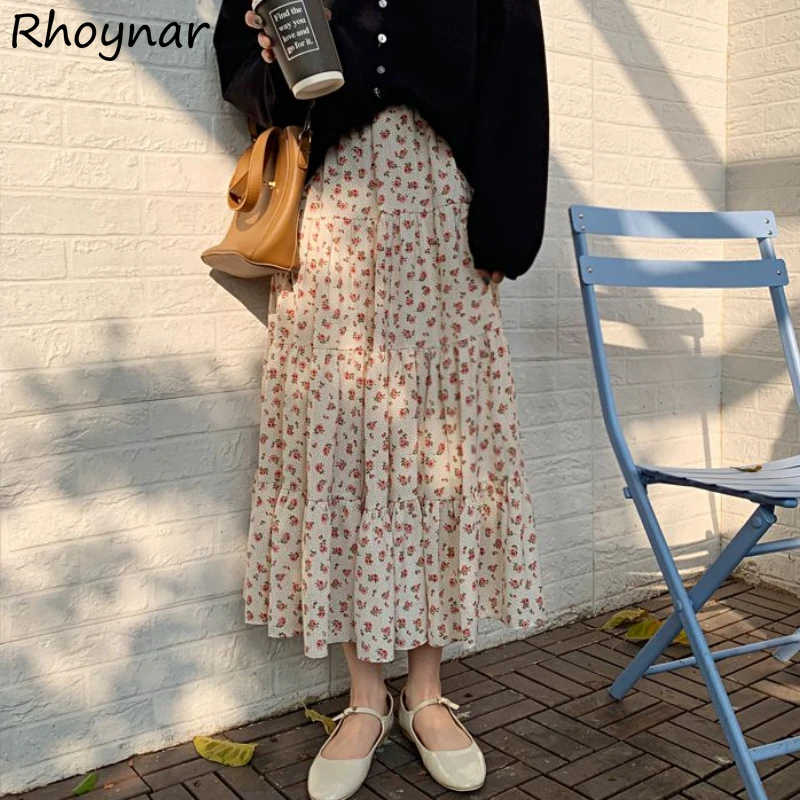 

Midi Skirts for Women Sweet Floral Vintage M-4XL Spring Skirt High Waist Stylish Folds A-line Classy Feminine Leisure Streetwear