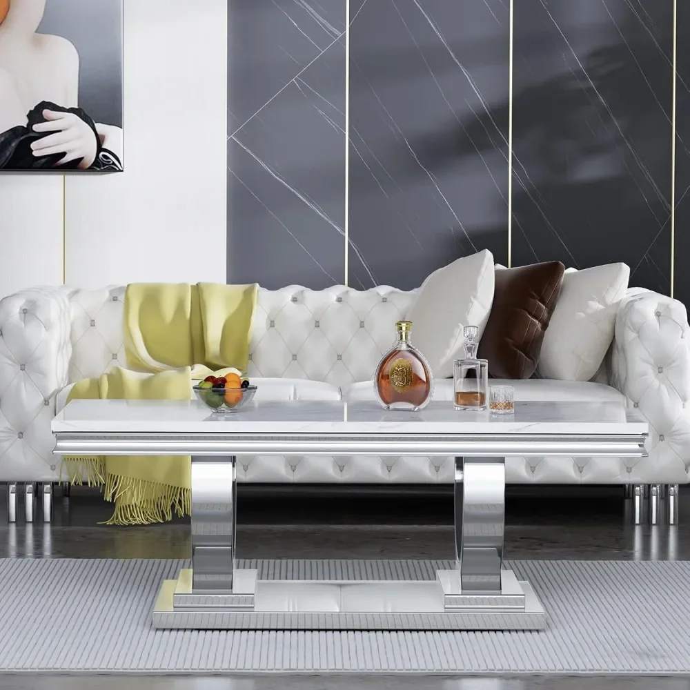 47" Rectangular Coffee Table side table c shaped end table for couch bed tv tray for eating on couch small end tables small spaces easy assembly Modern White Faux Marble Cocktail Table, with Silver Mirrored Finish U-Shape Stainless Steel Base