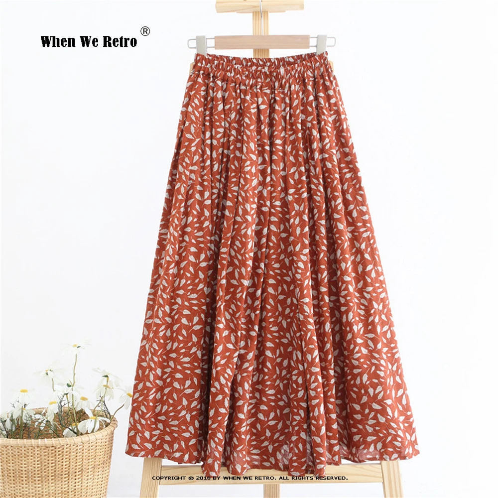 

Spring Summer New Elastic Waist Midi Long Skirts Vintage Floral Print A Line Skirts Casual Literary Loose Skirts RS997