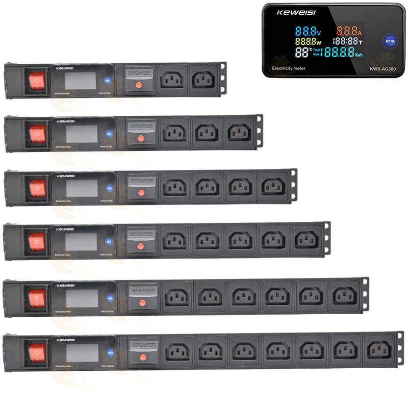 

PDU network cabinet rack power strip with overload protection C14 input C13 socket LCD AC voltmeter, without extension cord