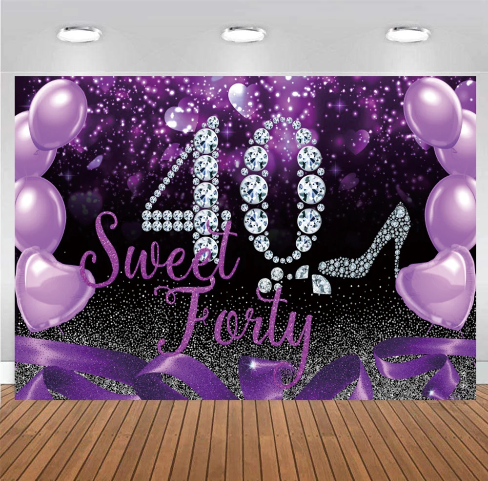 

Purple 40th Backdrop For Woman Man Happy Birthday Party 40 Years Old Balloon Photography Background Lady Photocall Photo Banner